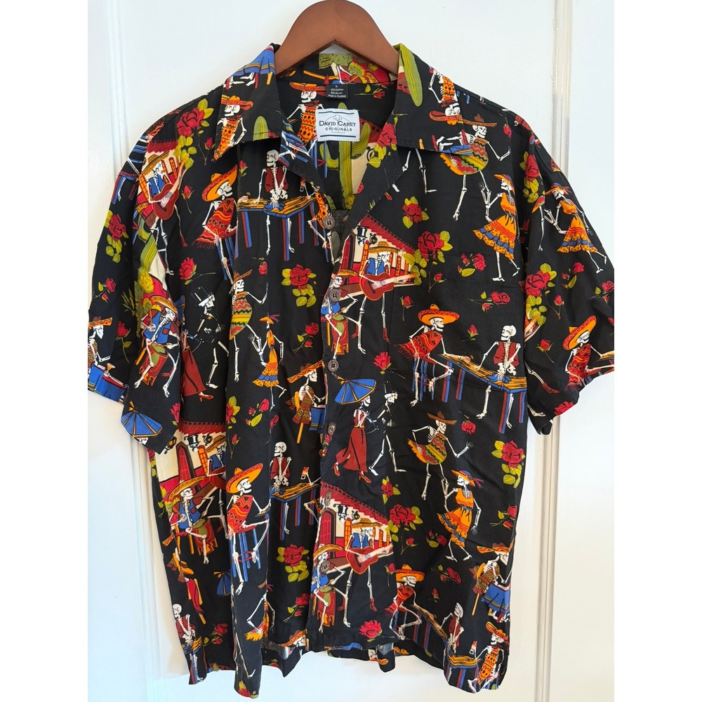 David Carey Shirt Mens L Day of the Dead Skeleton Fiesta Camp Button Down Black